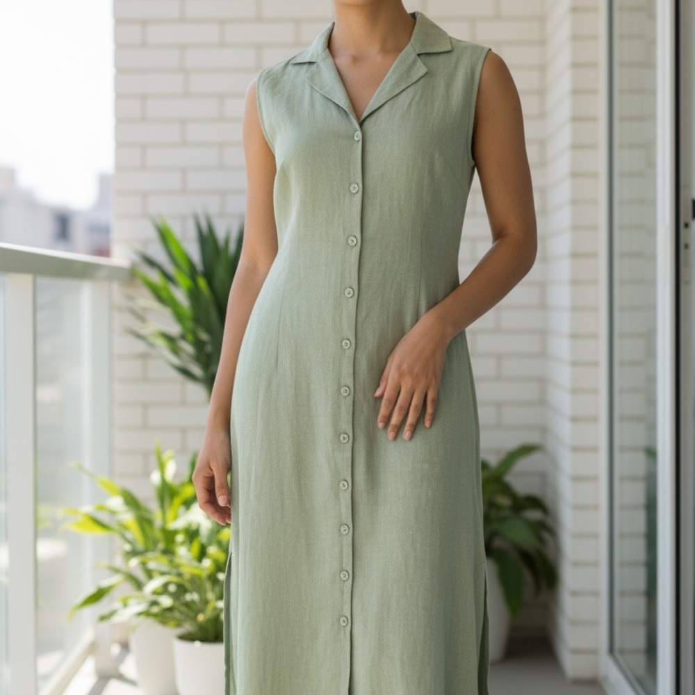 Magaschoni Sleeveless Olive Green Linen Maxi Dress - image 4